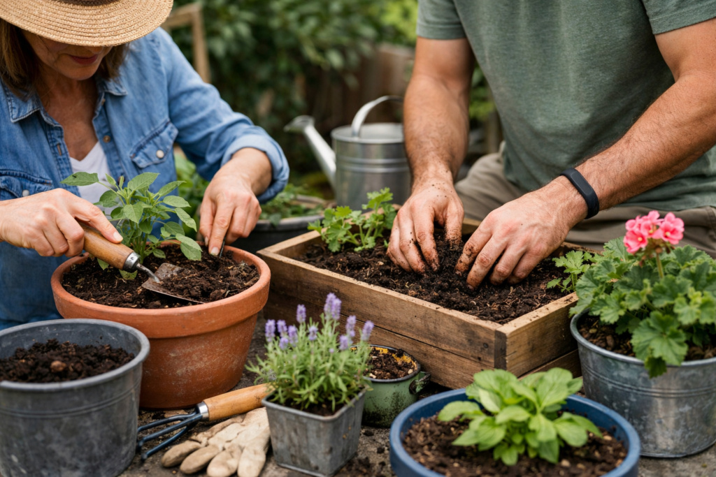 Pessoas praticando jardinagem saudável em casa, soltando a terra de vasos e recipientes para revitalizar plantas e promover cultivo sustentável