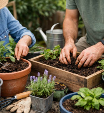 Pessoas praticando jardinagem saudável em casa, soltando a terra de vasos e recipientes para revitalizar plantas e promover cultivo sustentável