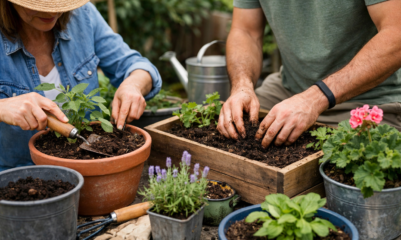 Pessoas praticando jardinagem saudável em casa, soltando a terra de vasos e recipientes para revitalizar plantas e promover cultivo sustentável