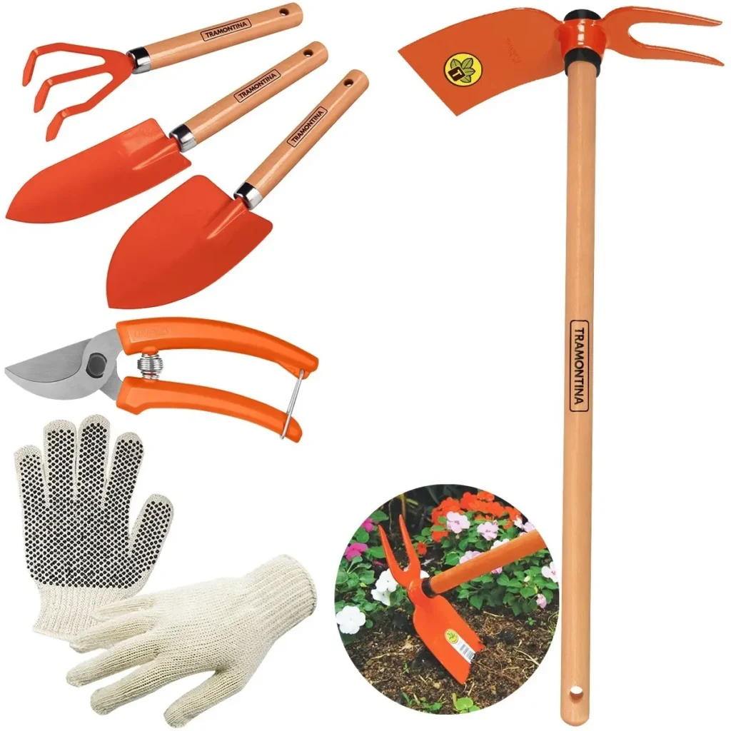 Conjunto Jardinagem 5 Pe&ccedil;as Tramontina + Luva Jardim Brinde