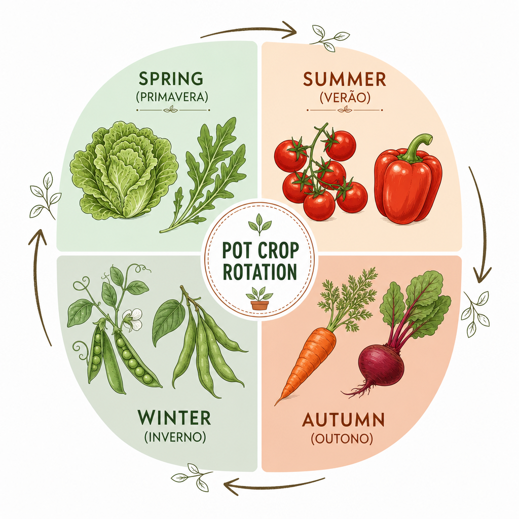 Infográfico ilustrativo do ciclo de rotação de cultura em vasos mostrando as 4 estações do ano - Primavera com alface e rúcula, Verão com tomate e pimentão, Outono com cenoura e beterraba, Inverno com feijão e ervilha - imagem gerada por IA para fins didáticos