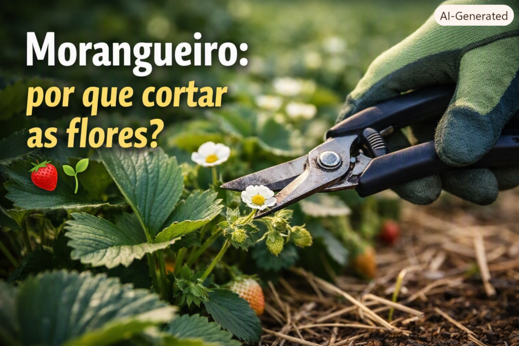 Mão com luva verde usando tesoura de poda para cortar uma flor branca de morangueiro em um canteiro, com folhas verdes e morangos ao redor. Título sobreposto: ‘Morangueiro: por que cortar as flores?