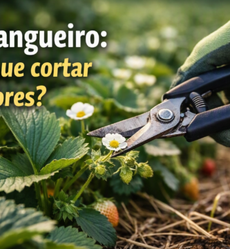 Mão com luva verde usando tesoura de poda para cortar uma flor branca de morangueiro em um canteiro, com folhas verdes e morangos ao redor. Título sobreposto: ‘Morangueiro: por que cortar as flores?