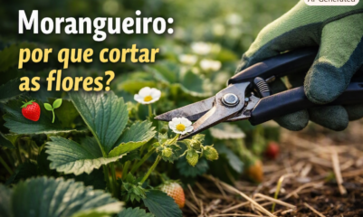Mão com luva verde usando tesoura de poda para cortar uma flor branca de morangueiro em um canteiro, com folhas verdes e morangos ao redor. Título sobreposto: ‘Morangueiro: por que cortar as flores?