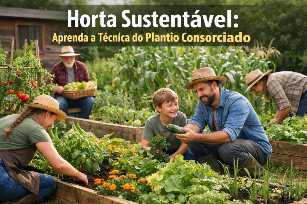 Pessoas cuidando de uma horta sustentável com técnicas de plantio consorciado.