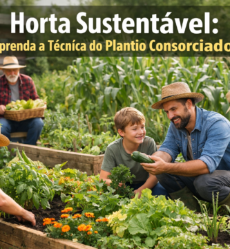Pessoas cuidando de uma horta sustentável com técnicas de plantio consorciado.