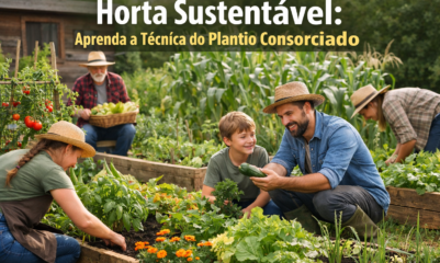 Pessoas cuidando de uma horta sustentável com técnicas de plantio consorciado.