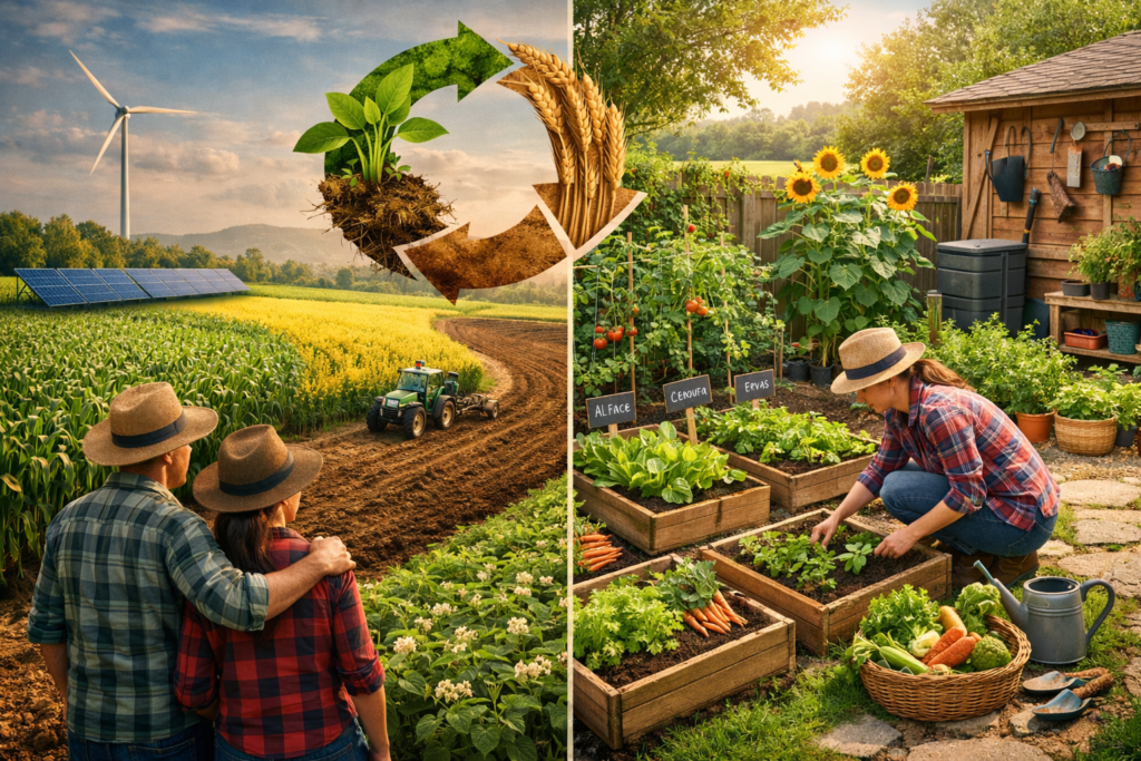 rotação de cultura conecta duas realidades: no campo, grandes cultivos alternam espécies para preservar o solo e aumentar a produtividade; no quintal, hortas caseiras seguem o mesmo princípio, garantindo alimentos saudáveis e sustentáveis.