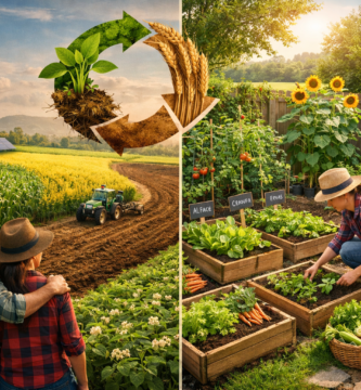 rotação de cultura conecta duas realidades: no campo, grandes cultivos alternam espécies para preservar o solo e aumentar a produtividade; no quintal, hortas caseiras seguem o mesmo princípio, garantindo alimentos saudáveis e sustentáveis.