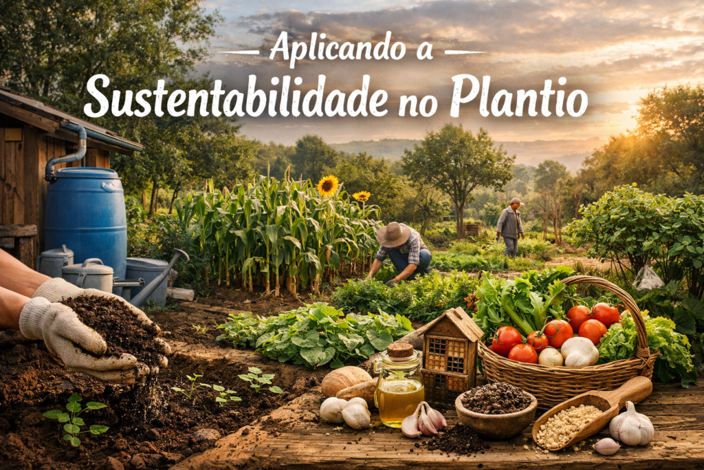 Imagem realista mostrando práticas de sustentabilidade no plantio, com cultivo orgânico e manejo ecológico do solo.