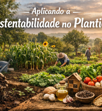 Imagem realista mostrando práticas de sustentabilidade no plantio, com cultivo orgânico e manejo ecológico do solo.