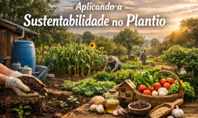 Imagem realista mostrando práticas de sustentabilidade no plantio, com cultivo orgânico e manejo ecológico do solo.