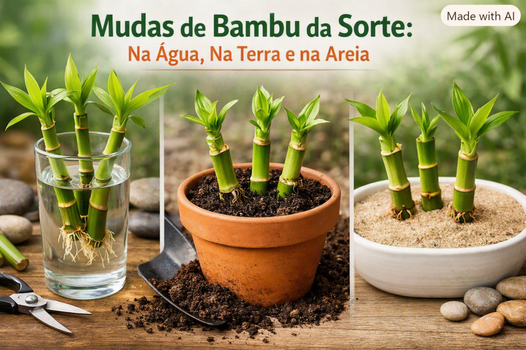 Mudas de bambu da sorte cultivadas na água, terra e areia com folhas verdes e ambiente natural.