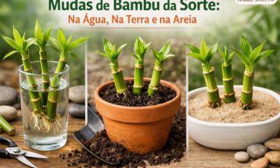 Mudas de bambu da sorte cultivadas na água, terra e areia com folhas verdes e ambiente natural.
