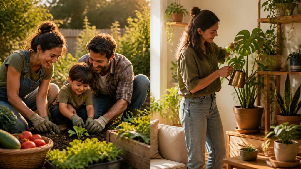 Benefícios de ter plantas em casa: família cultivando horta no quintal e mulher regando plantas na sala.