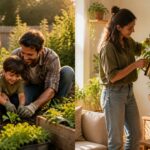 Benefícios de ter plantas em casa: família cultivando horta no quintal e mulher regando plantas na sala.