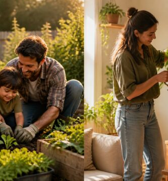 Benefícios de ter plantas em casa: família cultivando horta no quintal e mulher regando plantas na sala.