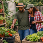 "Combater pragas no cultivo caseiro com casal negro observando horta no quintal