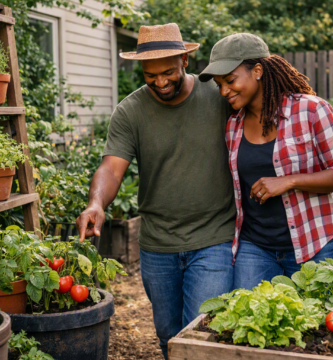 "Combater pragas no cultivo caseiro com casal negro observando horta no quintal