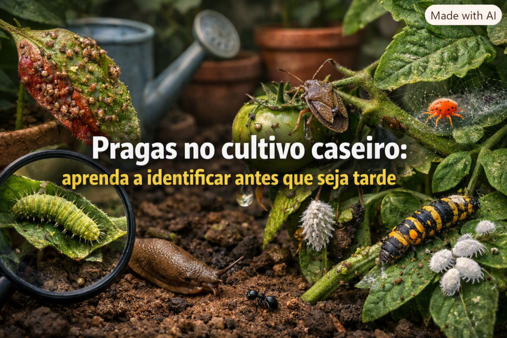 Pragas no cultivo caseiro — imagem ultra realista mostrando insetos e larvas atacando folhas e tomates em horta doméstica, destacando como identificar pragas antes que seja tarde.