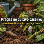 Pragas no cultivo caseiro — imagem ultra realista mostrando insetos e larvas atacando folhas e tomates em horta doméstica, destacando como identificar pragas antes que seja tarde.