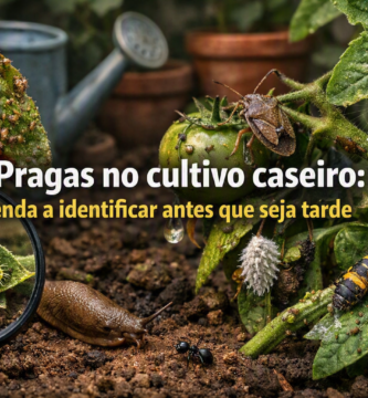 Pragas no cultivo caseiro — imagem ultra realista mostrando insetos e larvas atacando folhas e tomates em horta doméstica, destacando como identificar pragas antes que seja tarde.
