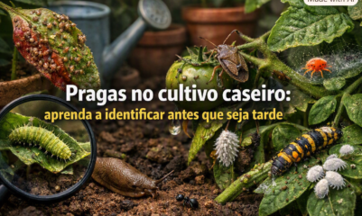 Pragas no cultivo caseiro — imagem ultra realista mostrando insetos e larvas atacando folhas e tomates em horta doméstica, destacando como identificar pragas antes que seja tarde.