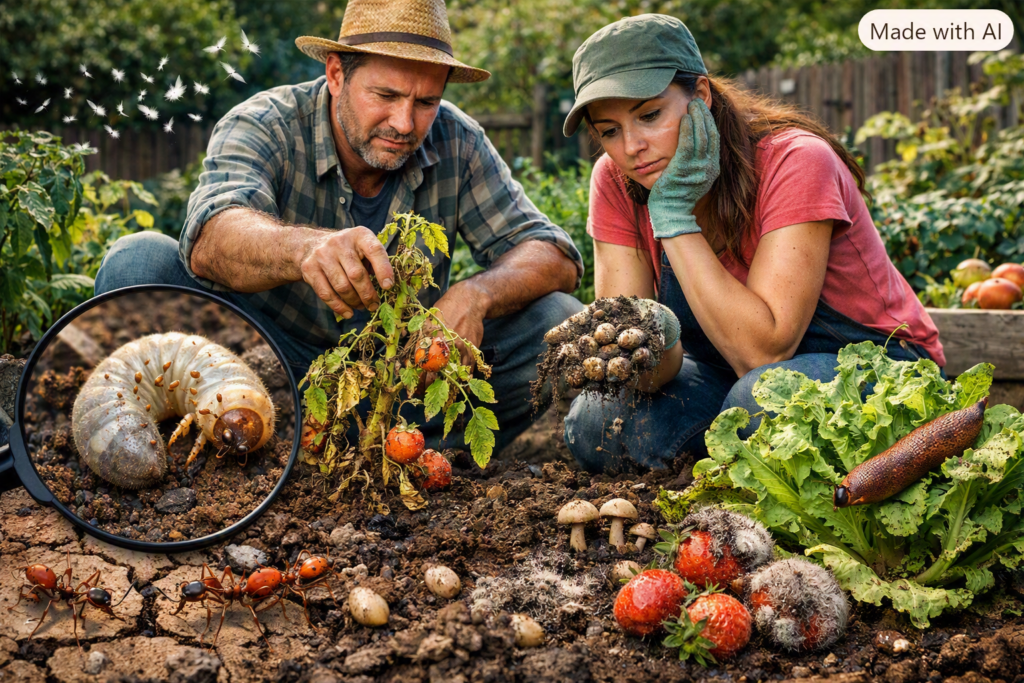 Casal analisando pragas do solo no cultivo caseiro em horta doméstica.