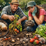 Casal analisando pragas do solo no cultivo caseiro em horta doméstica.