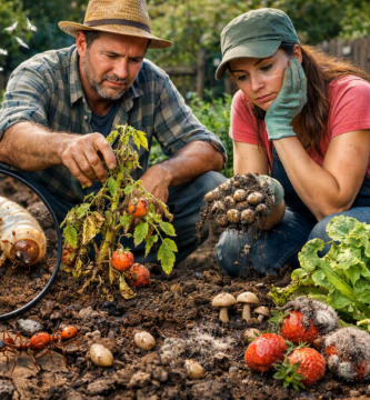 Casal analisando pragas do solo no cultivo caseiro em horta doméstica.