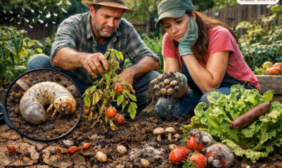 Casal analisando pragas do solo no cultivo caseiro em horta doméstica.