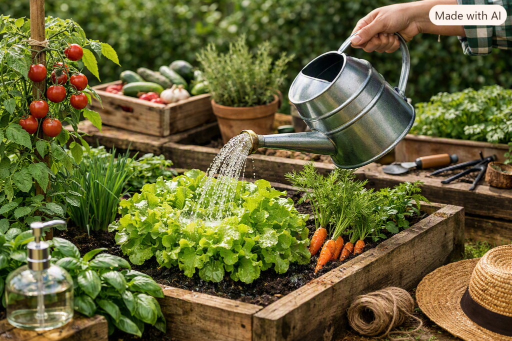 Rega no cultivo caseiro em horta doméstica, mostrando uma pessoa regando verduras frescas como alface, tomate e cenoura em um jardim sustentável ao ar livre, com luz natural e ambiente acolhedor.