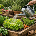Rega no cultivo caseiro em horta doméstica, mostrando uma pessoa regando verduras frescas como alface, tomate e cenoura em um jardim sustentável ao ar livre, com luz natural e ambiente acolhedor.