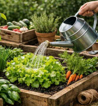 Rega no cultivo caseiro em horta doméstica, mostrando uma pessoa regando verduras frescas como alface, tomate e cenoura em um jardim sustentável ao ar livre, com luz natural e ambiente acolhedor.